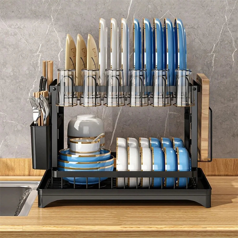 Égouttoir à Vaisselle Double Niveau avec Drainage Automatique