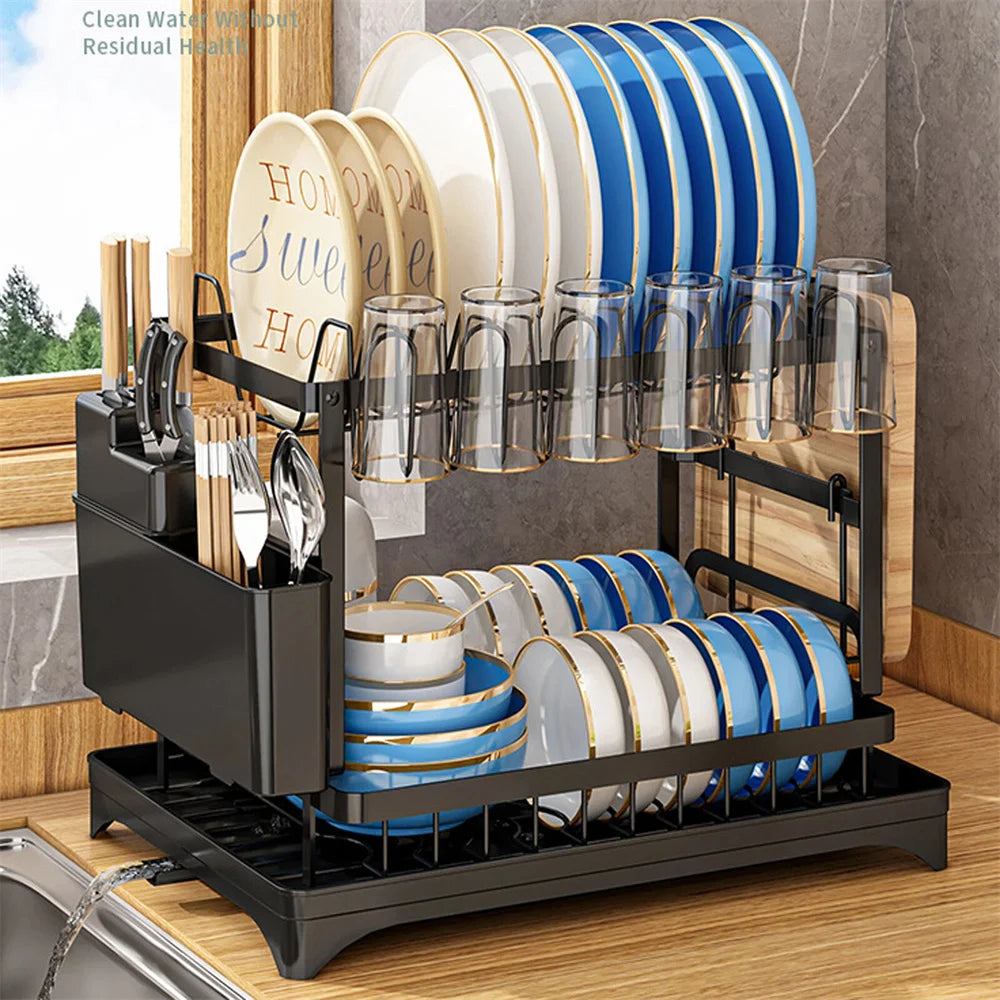 Égouttoir à Vaisselle Double Niveau avec Drainage Automatique